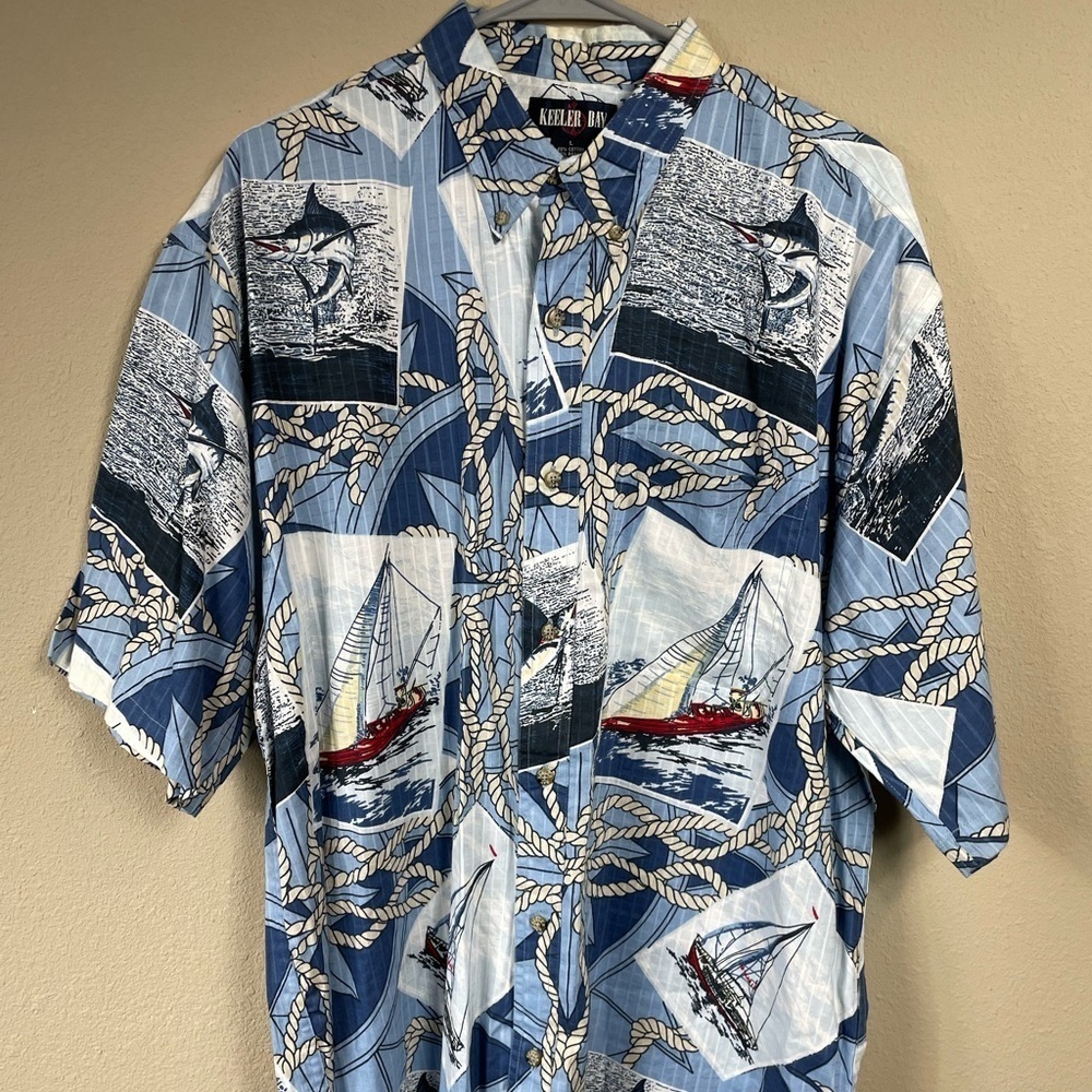 Keeler Bay Short Sleeve Shirt Nautical Theme Sailfish Fishing Button Down Sz L